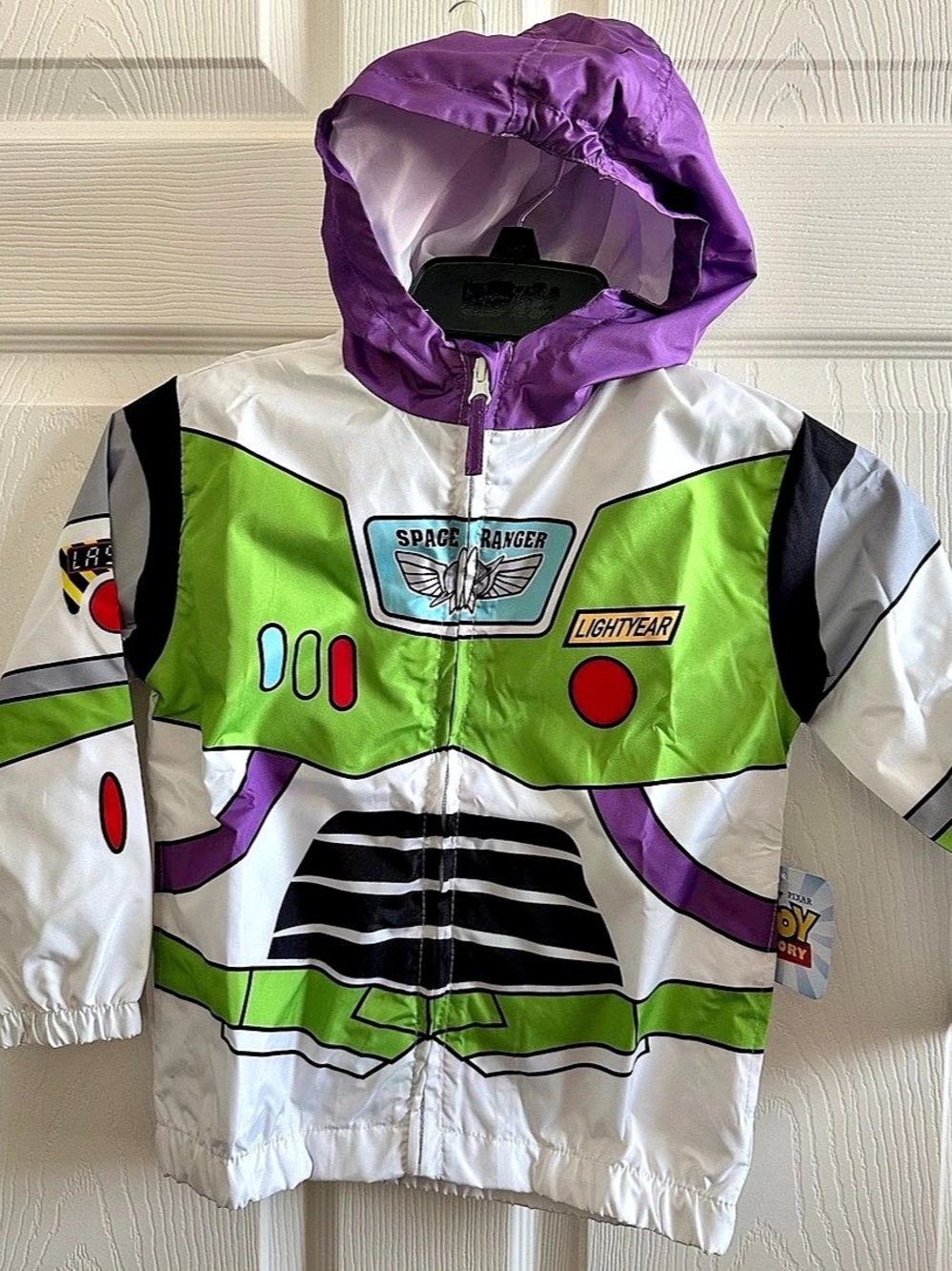Disney Toy Story Buzz Lightyear Hooded Raincoat Jacket in White & Green 5T
